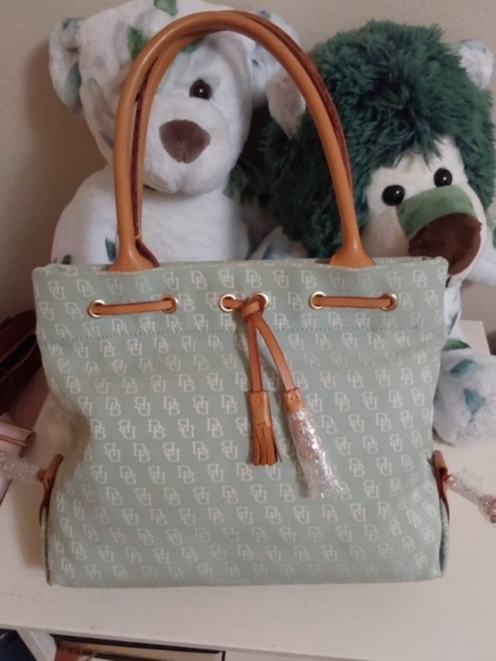GUC Dooney & Bourke Canvas Tassel Tote Bag in Sage Green with Tan Trim